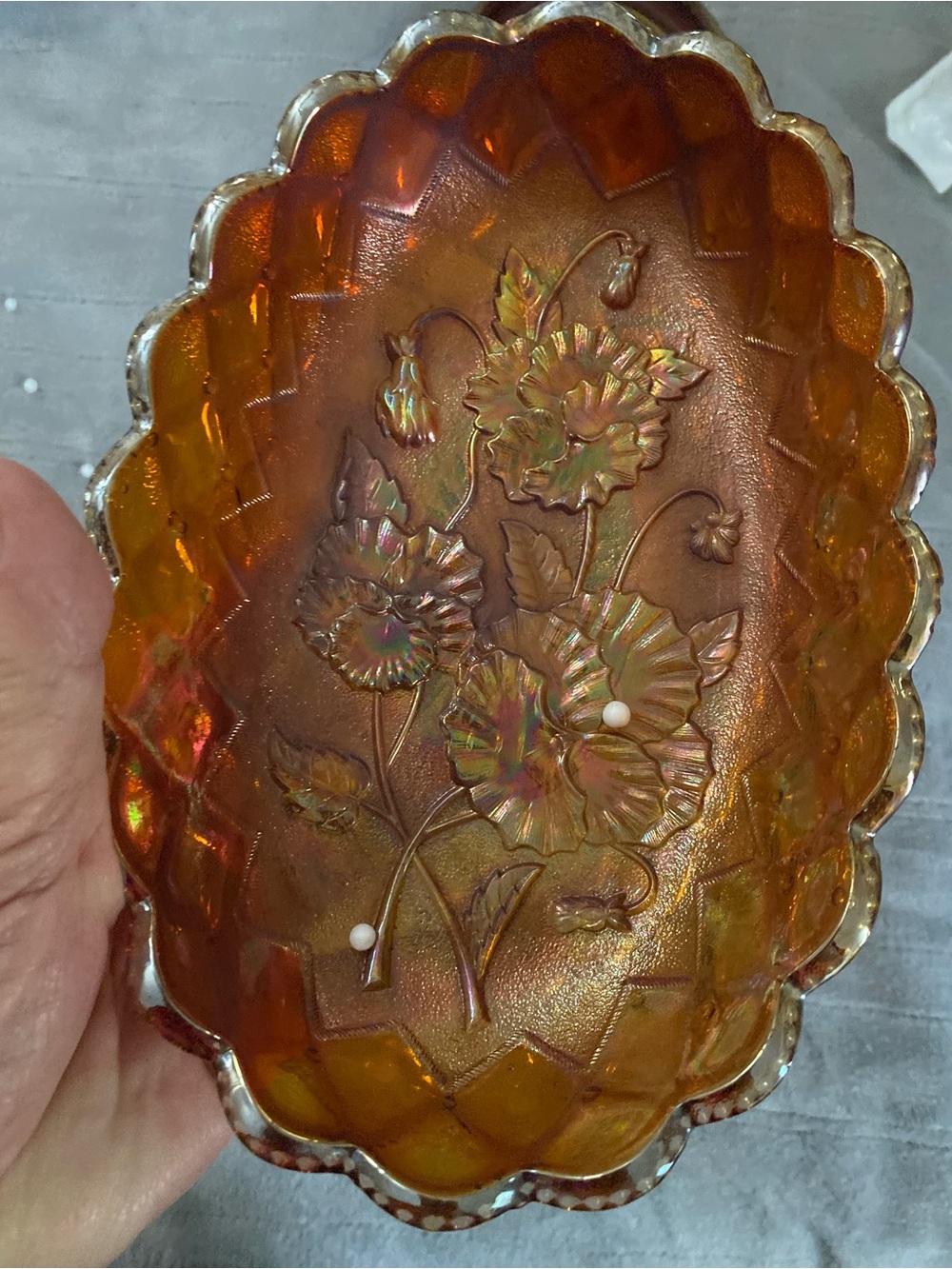 Iridescent Amber Floral Carnival Glass Bowl